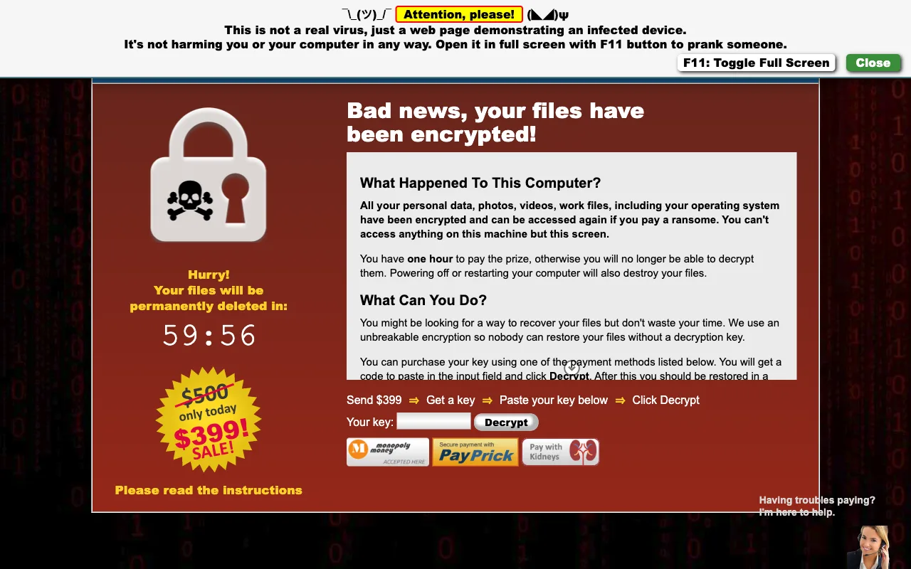 Pranx fake virus alert screen claiming files are encrypted