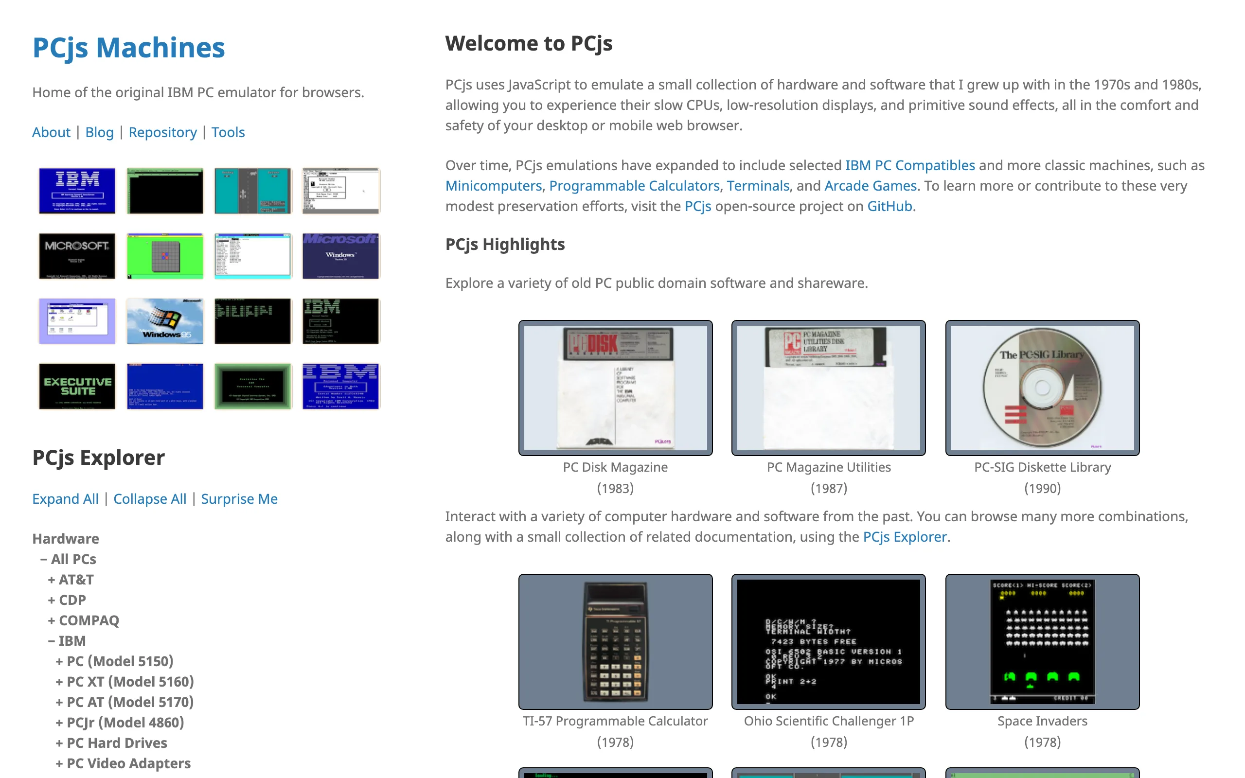 PCjs Machines 首页,陈列着 IBM PC、PDP-11 等老机器和老软件